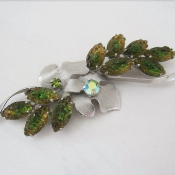 Vintage Brooch Earrings 50s 60s Rhinestone Art Glass Continental Green silver - Picture 4 of 6